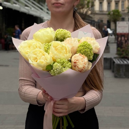 Delicate bouquet of Bartzella & Pastel Elegance peonies with seasonal viburnum «Summer Darling»