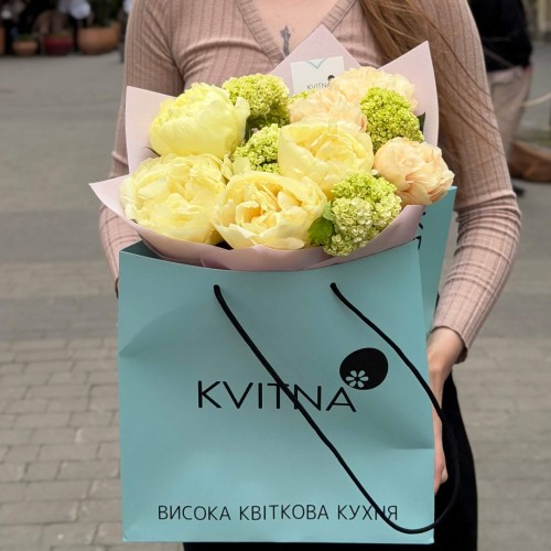 Delicate bouquet of Bartzella & Pastel Elegance peonies with seasonal viburnum «Summer Darling»