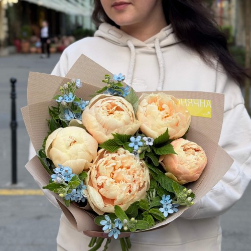 Delicate bouquet with Libera peonies «Blue Stars»