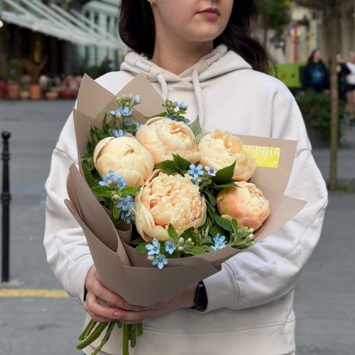 Delicate bouquet with Libera peonies «Blue Stars»