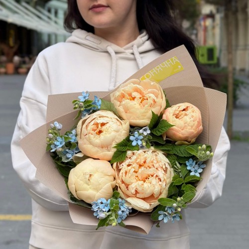 Delicate bouquet with Libera peonies «Blue Stars»
