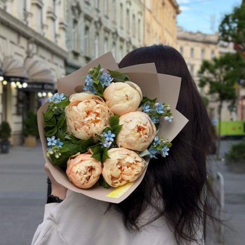Delicate bouquet with Libera peonies «Blue Stars»
