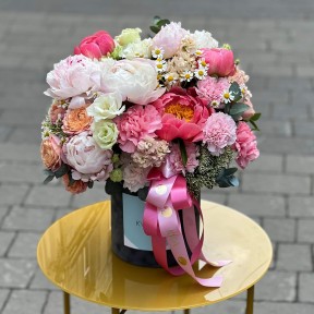Delicate composition in a box with peonies and peony roses «Romantic Stroll»