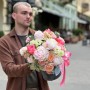 Delicate composition in a box with peonies and peony roses «Romantic Stroll»