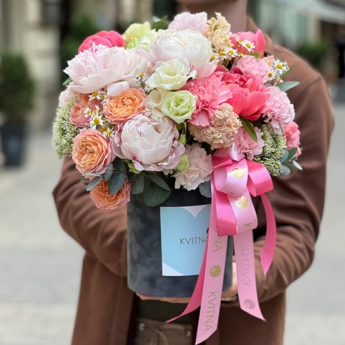 Delicate composition in a box with peonies and peony roses «Romantic Stroll»