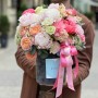 Delicate composition in a box with peonies and peony roses «Romantic Stroll»