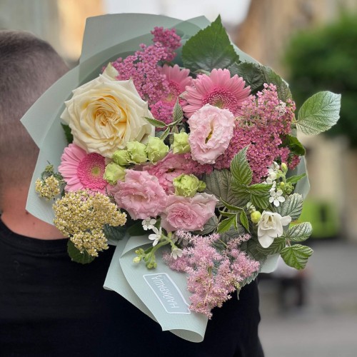 Interesting bouquet with eustomas «Dream during Summer Night»