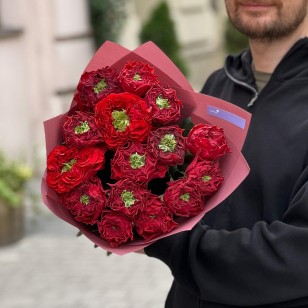 Intriguing Red Monster Peony Roses in the Bouquet «Mystical Journey»