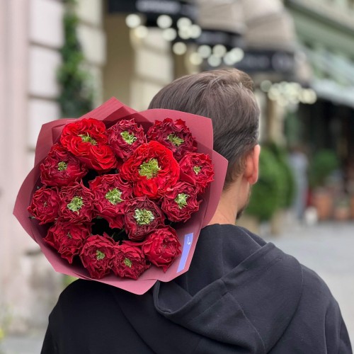 Intriguing Red Monster Peony Roses in the Bouquet «Mystical Journey»
