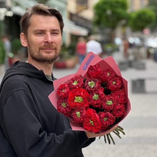 Intriguing Red Monster Peony Roses in the Bouquet «Mystical Journey»