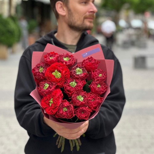 Intriguing Red Monster Peony Roses in the Bouquet «Mystical Journey»