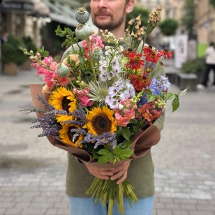 Colorful meadow-style bouquet with sunflowers «Olya's Laughter»