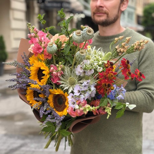 Colorful meadow-style bouquet with sunflowers «Olya's Laughter»