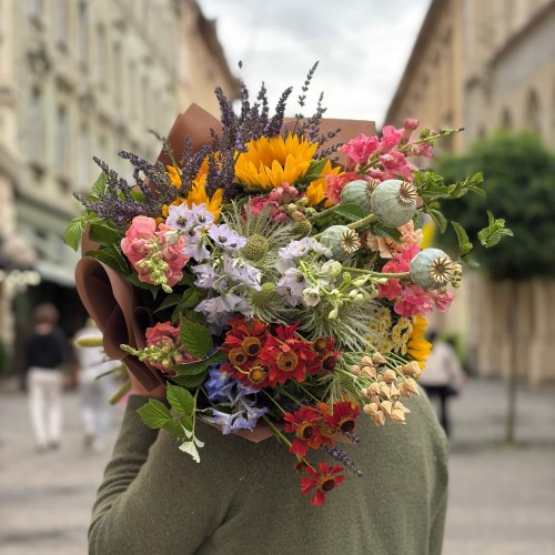 Colorful meadow-style bouquet with sunflowers «Olya's Laughter»