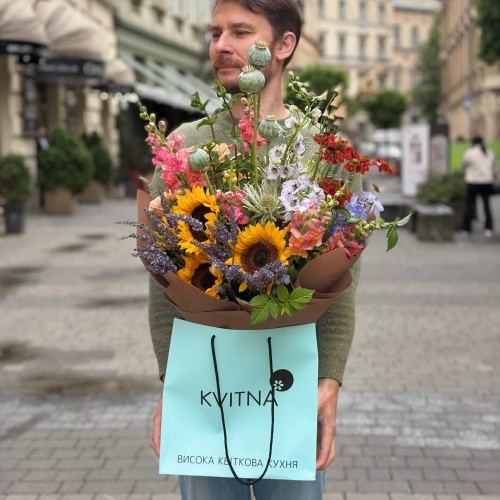Colorful meadow-style bouquet with sunflowers «Olya's Laughter»