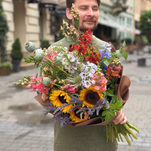 Colorful meadow-style bouquet with sunflowers «Olya's Laughter»