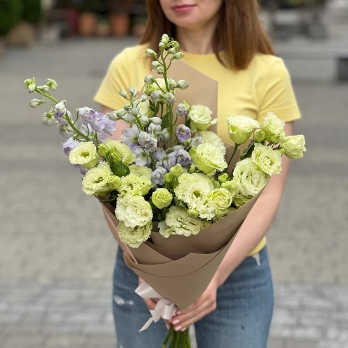 Delicate duo bouquet of delphinium and eustoma «Summer Lemonade»