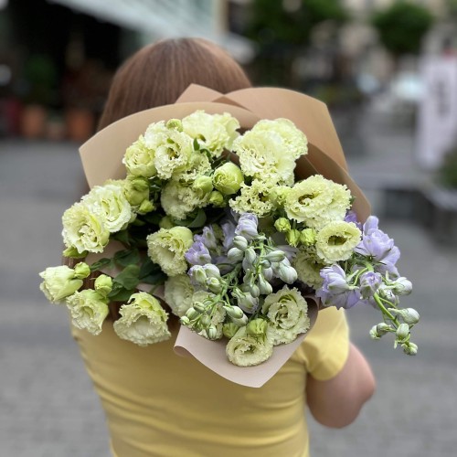 Delicate duo bouquet of delphinium and eustoma «Summer Lemonade»