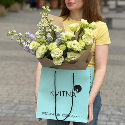 Delicate duo bouquet of delphinium and eustoma «Summer Lemonade»