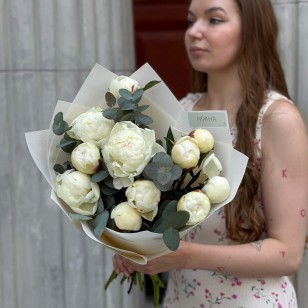 11 півоній сорту Bridal Shower з евкаліптом у букеті «Ангельська мрія»