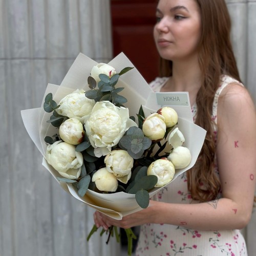 11 півоній сорту Bridal Shower з евкаліптом у букеті «Ангельська мрія»