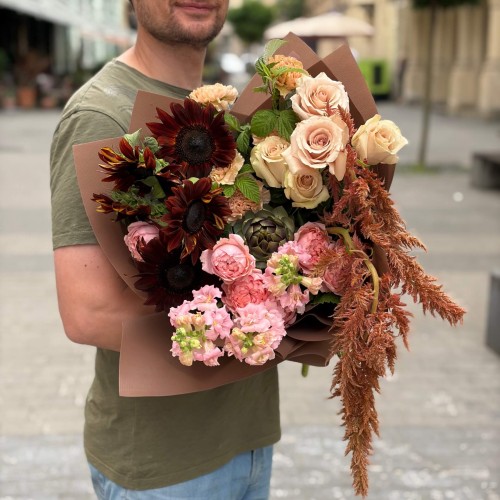 Exquisite bouquet with dark helianthus «Chocolate with Coffee»