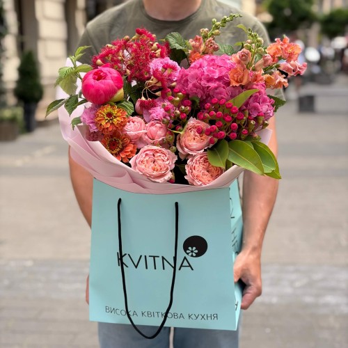 Vibrant bouquet with Coral Sunset peony «Raspberry Fireworks»