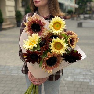Mix of 11 Sunflowers in the Bouquet «Chocolate Summer»
