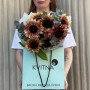 9 подсолнухов сорта ProCut Plum с эвкалиптом в букете «Багряный небосклон»