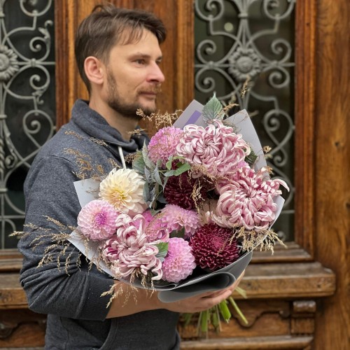 Туманний букет із хризантемами Vienna та Bigoudi «Лавандова осінь»