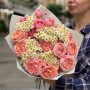 Дуо букет із танацетумом та кущовою півонієвидною трояндою Juliet «Персики в полі»