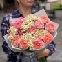 Дуо букет із танацетумом та кущовою півонієвидною трояндою Juliet «Персики в полі»