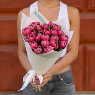 Bouquet of 25 Luxurious Columbus Double Tulips «Raspberry Watercolor»