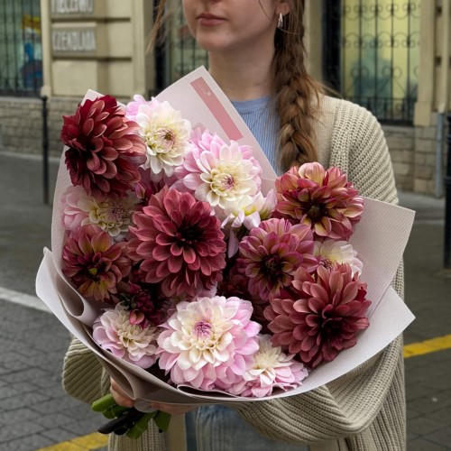 Bouquet of 15 Blush-Toned Dahlias «Blueberry Cheesecake»