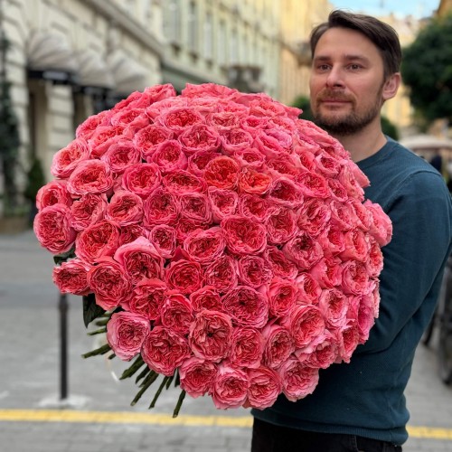 101 троянда Candy X-Pression у букеті «Абрикосова галактика»