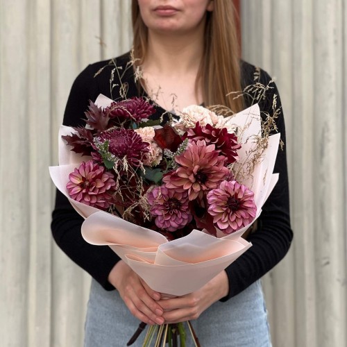 Mysterious Autumn Bouquet with Dahlias and Chrysanthemums «Cherry Mousse»