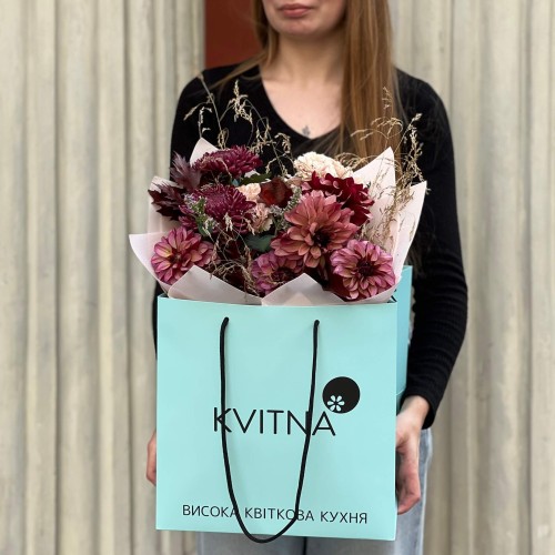 Mysterious Autumn Bouquet with Dahlias and Chrysanthemums «Cherry Mousse»