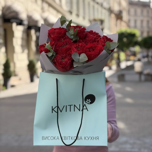 Bouquet of 11 Red Monster Roses with Eucalyptus «Without a Word»