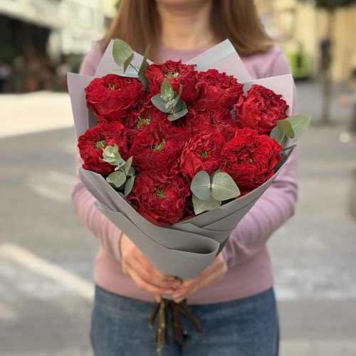 Bouquet of 11 Red Monster Roses with Eucalyptus «Without a Word»