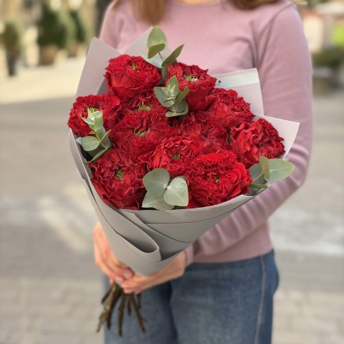 Bouquet of 11 Red Monster Roses with Eucalyptus «Without a Word»