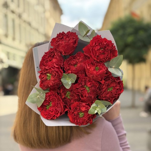 Bouquet of 11 Red Monster Roses with Eucalyptus «Without a Word»