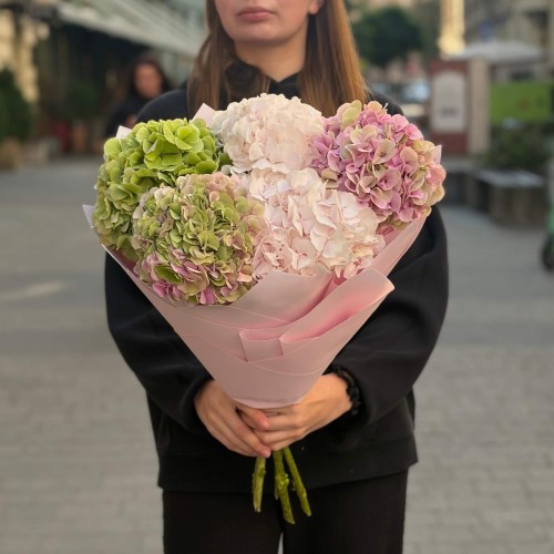 5 нежных гортензий в букете «Утренняя нежность»
