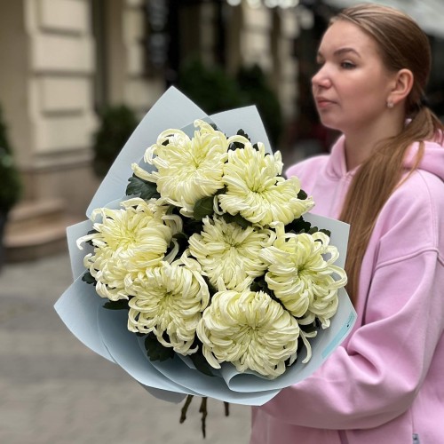 7 розкішних об'ємних хризантем Vienna White у букеті «Дотик ангела»