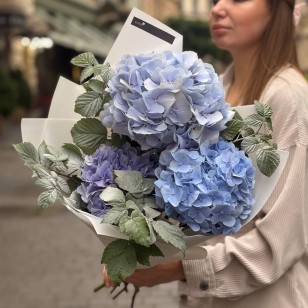Bouquet of 3 Blue Hydrangeas with Raspberry Twigs «October Sky»