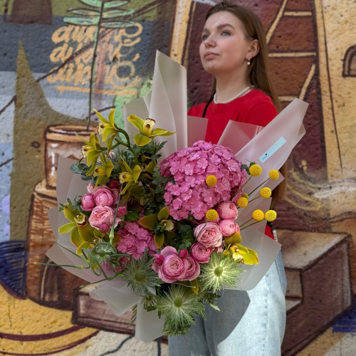 Bright exotic bouquet with cymbidium and peony roses «Taste of the Sun»