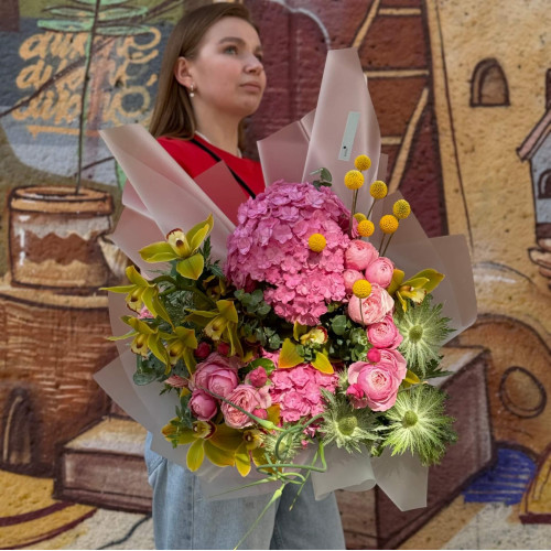 Bright exotic bouquet with cymbidium and peony roses «Taste of the Sun»