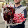 Crimson exotic bouquet with anthuriums and cymbidiums «Winter Ara»