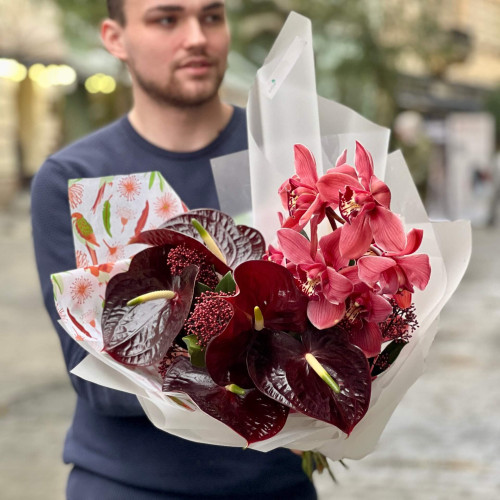 Crimson exotic bouquet with anthuriums and cymbidiums «Winter Ara»