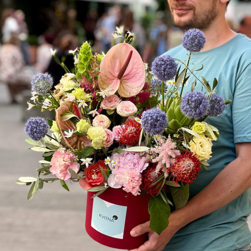Colorful composition with anthurium and allium «Color dreams»