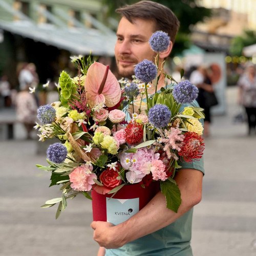 Colorful composition with anthurium and allium «Color dreams»